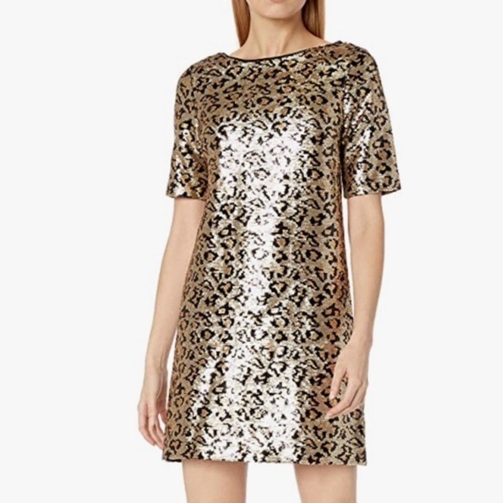 NWT Betsey Johnson Leopard Sequin Sheath Shift Dress, Gold Black, Size 8